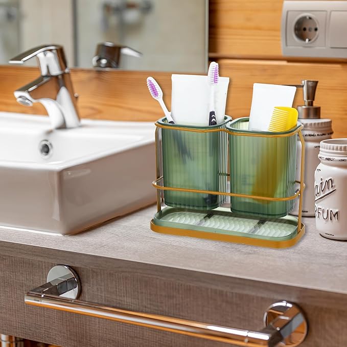 Green Toothbrush Holders for Bathrooms, 2 Cups Toothbrush Holders for Bathrooms Countertop Organizer, Dry & Wet Separation, Bathroom Organizers and Storage, Bathroom Toothbrush Holder Set for Family