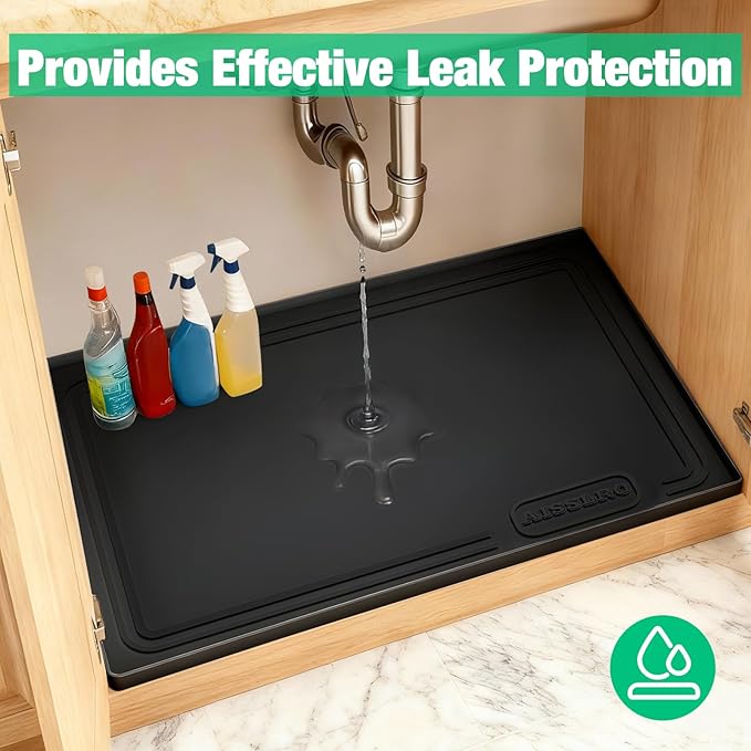 Aisslro Under Sink Mat 31" X 22", Waterproof Silicone Under Sink Mats for Kitchen, Anti-Leak Shelf Liner & Cabinet Protector with Raised Edge, [BPA Free] Bathroom Tray Home Organizer, Black