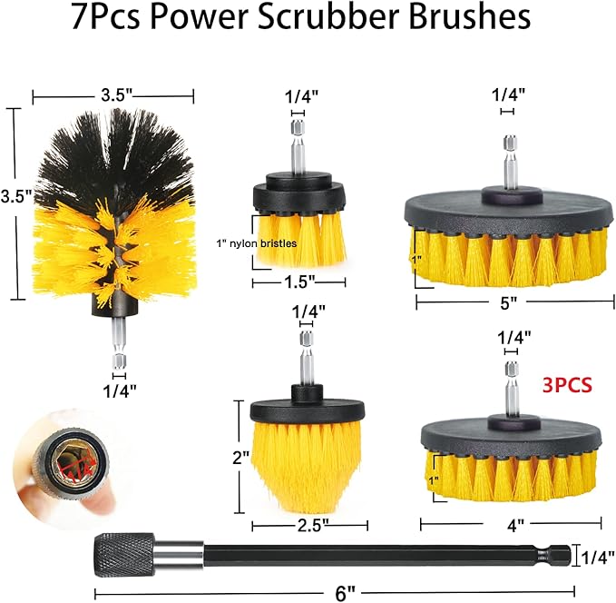 Drill Brush Attachment Set, 7 Pack 1/4in Power Scrubber Brush + Extend Long Rod, Brush Drill Attachment, Power Cleaning Scrub Brush for Bathroom, Tub, Tile, Corner, Floor