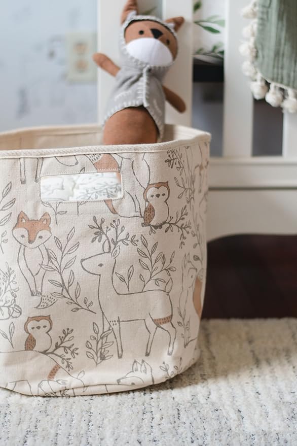 Crane Baby Woodland Nursery Basket, Animal Nursery Decor, Fabric Storage Bin, Collapsible Forest Decor, Hamper with Handles for Toys, Laundry, and Baby Items