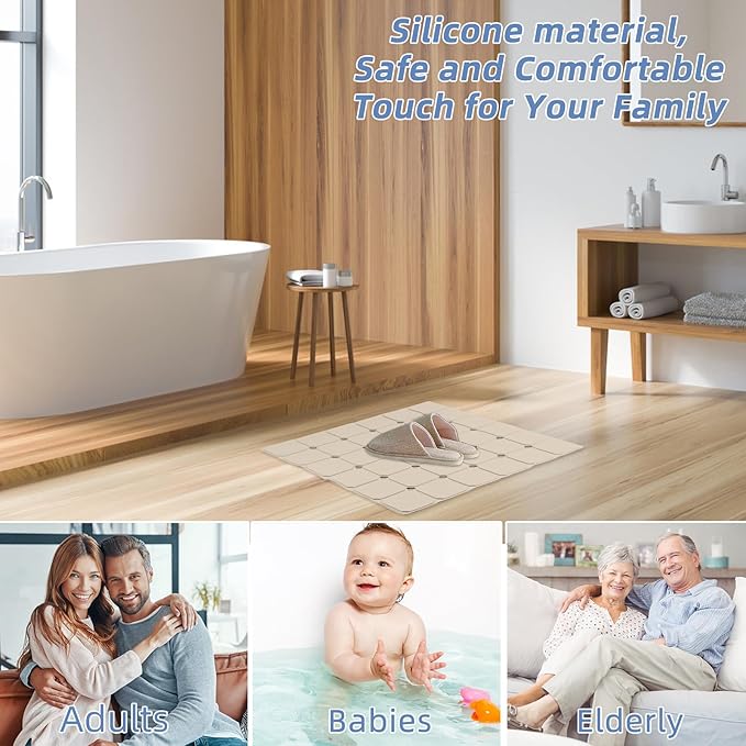 MEIMEIDE Shower Mat Non Slip 21"x21" Silicone Foldable Bath Mat with Suction Cups & Drain Holes, Odorless, Eco-Friendly & Durable, Machine Washable Shower Stall Mat for Adults, Seniors Beige