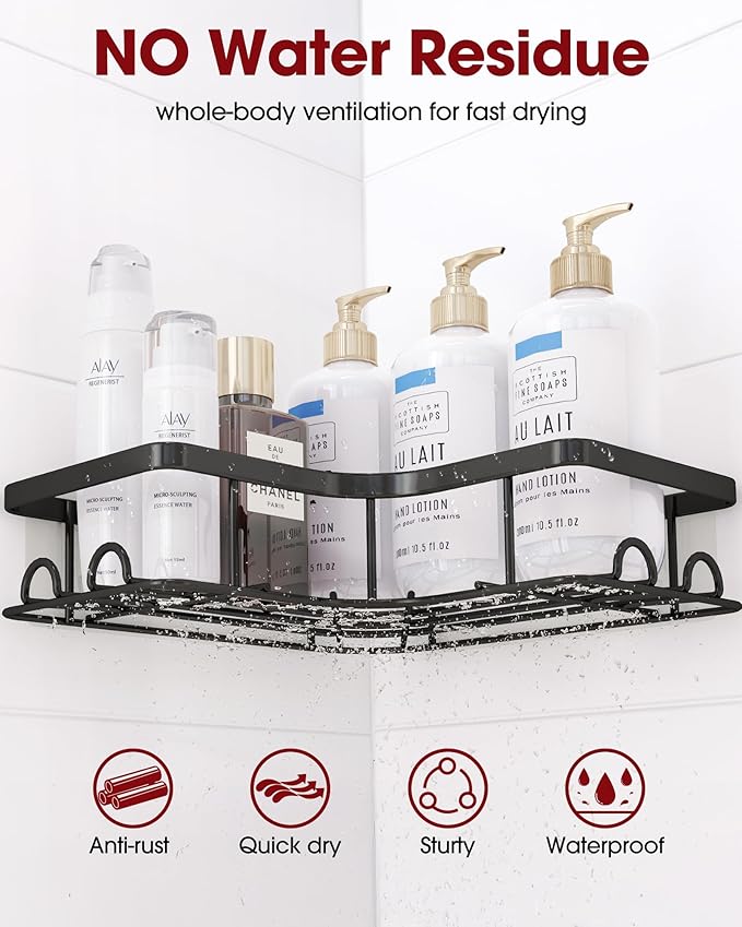 Corner Shower Caddy - 2 Pack, Adhesive Shower Organizers, Rustproof Stainless Steel Shower Shelves with 8 Hooks, No Drilling Bathroom Organizers and Storage Racks, Space-Saving, Black, Large