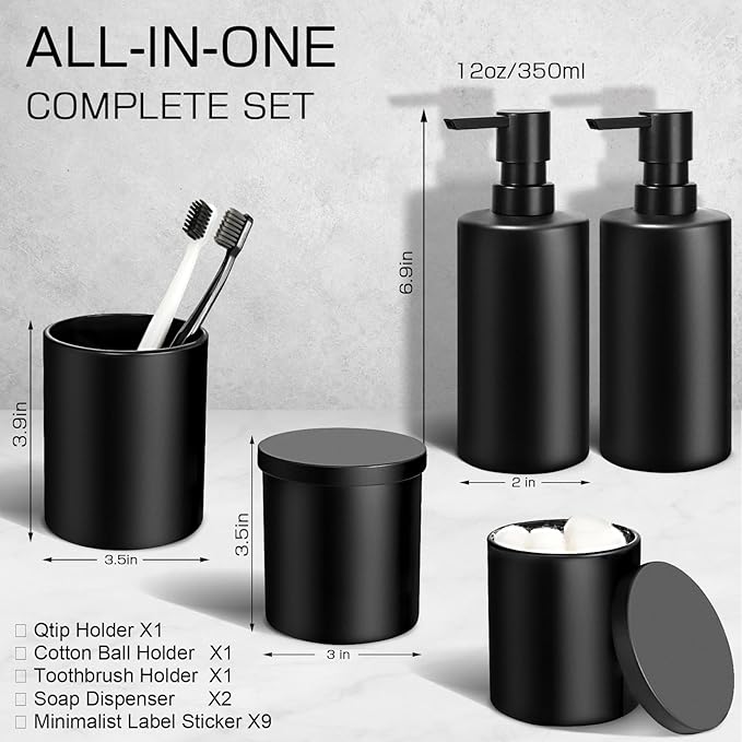 Matte Black Bathroom Accessories Set, 5 Pcs Bathroom Accessories Set, Glass Soap Dispenser and Toothbrush Holder Set, Qtip Holder and Cotton Ball Holder, Modern Bathroom Decor Sets