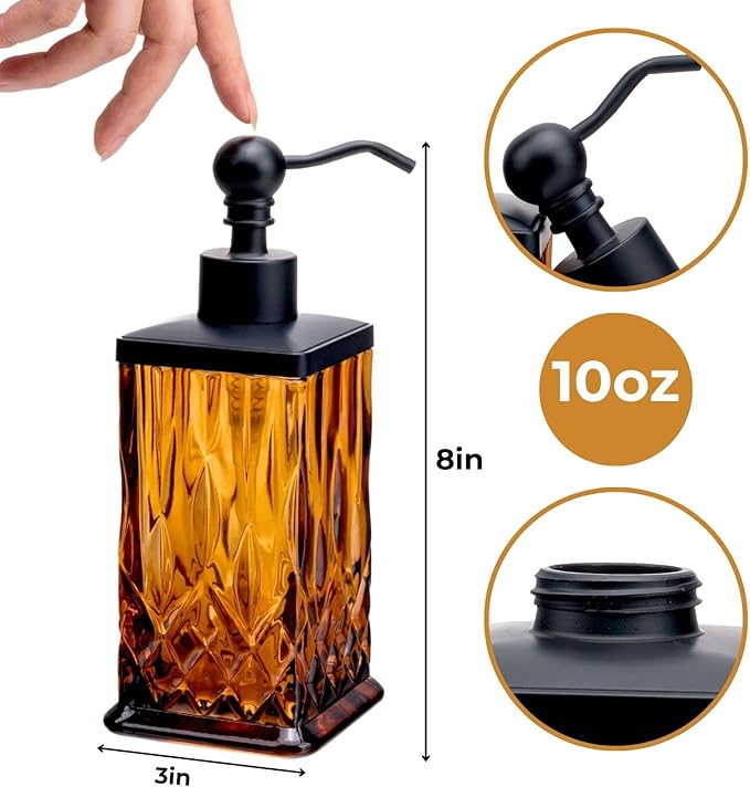 10Oz Amber Glass Soap Dispenser with Matte Black Pump,Lead-Free Thick-Cut Glass,Countertop Soap Dispensers for Bathroom & Kitchen,Square