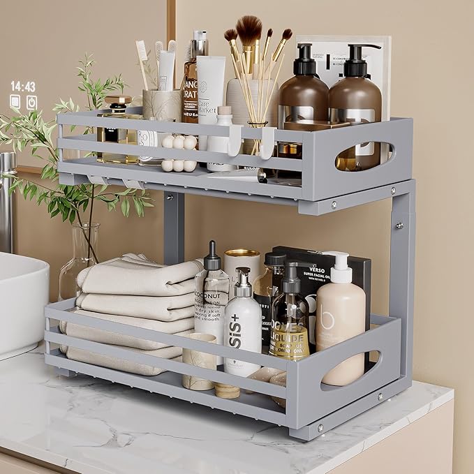 Under Sink Organizer, 2 Tier Under Sink Organizers and Storage, Adjustable Height, Slide out Metal Cabinet Organizers, Pull out Cabinet Storage Drawer Shelf for Kitchen Bathroom (Gray, 1Pack)