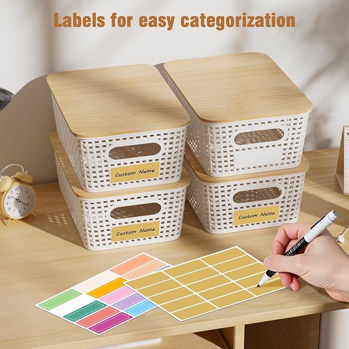 8 Pack Plastic Storage Bins with Bamboo Lids - Stackable Storage Baskets with Lids for Pantry Organizer and Storage, Small Plastic Stackable Storage Bins for Shelves, Office, Cabinet &Pantry,Nursery