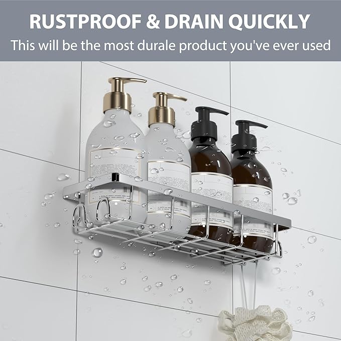 Uninol Shower Caddy Organizer with Hooks,Self Adhesive Bathroom Shelves,No Drilling Bathroom Organizers and Storage,Perfect for RV, Apartment, Home Decor,2 Pack Silvery