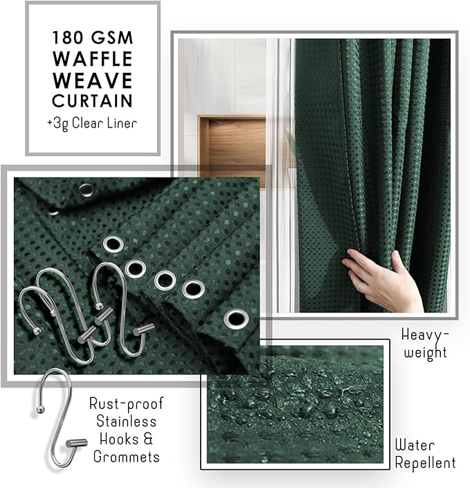 Clara Clark Bathroom Accessories Set - Bathroom Set, Bathroom Accessory Set, Shower Curtain Set, Toilet Brush, Trash Can & Soap Dispenser - Green - 20PC