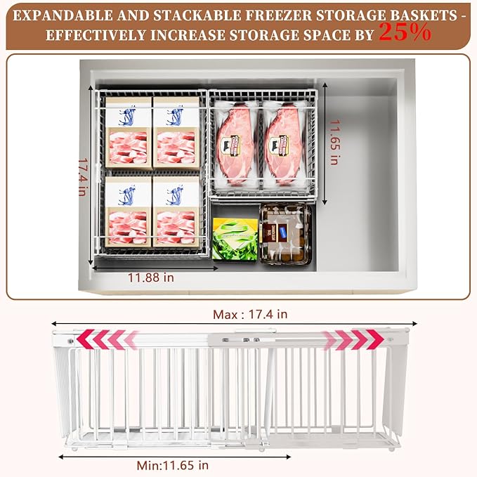 Large Freezer Organizer Bins，Upgraded Bottom Leak-Proof net，3 Pack， Expandable Stackable Chest Freezer Containers with Handle，for Fridge, Deep Freezer, Cabinet, Kitchen, Pantry (White-3Pack)