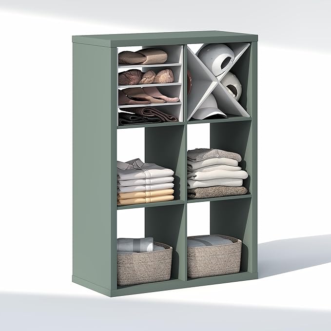Furinno Cubic Closet Organizers and Storage, 6-Cube Closet Organizer, Open Shelf Closet Storage, Extra Thick Frame for Wardrobe, Bedroom, Living Room, Sage Green