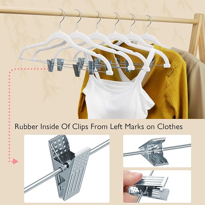 ManGotree Pants Hangers with Movable Clips, Non-Slip Velvet Skirt Hangers, Space-Saving Clothes Hangers for Pants, Skirts, Shirts, Coats, Dresses (18 Pack, White)