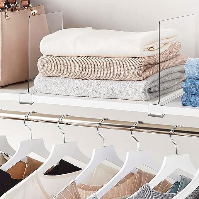 BAUMFEUER 2 Pack Clear Acrylic Shelf Dividers for Closet Shelf Organizer of Bedroom Kitchen Office Bathroom Organizer for Clothes Books and Handbags