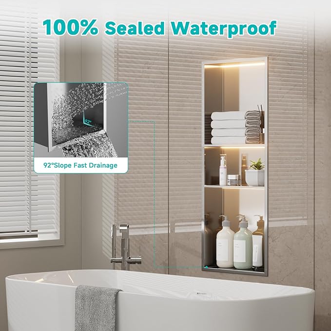 TSIBOMU Stainless Steel LED Lights Shower Niche 12" x 30" – Recessed Wall Niche with 3-Tier Storage, Waterproof & Rustproof Modern Bathroom Shower Shelf (Brushed)