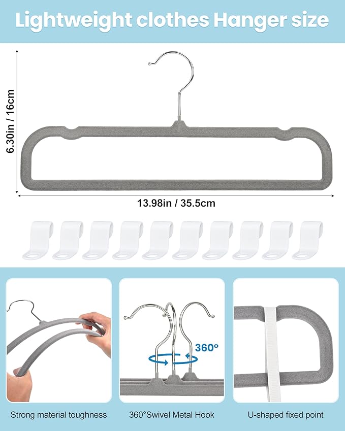 Velvet Hangers Non Slip - 20 Pack Pants Hangers for Closet - Thin Space Saving Clothes Hanger - Strong, Durable, Jean Perchas with 360 Degree Rotatable Hook for Tank Top (Grey Silver Hook)