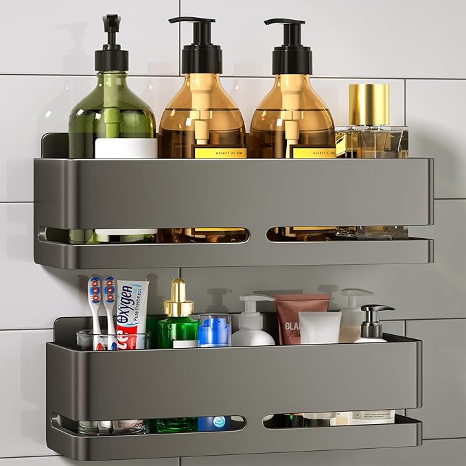 YESENT Shower Caddy, 2-Pack Shower Shelf, Heavy-Duty Bathroom Storage Shelf, Large Capacity No-Drill Bathroom Organizer, Gray Metal Storage Basket, Adhesive Installation