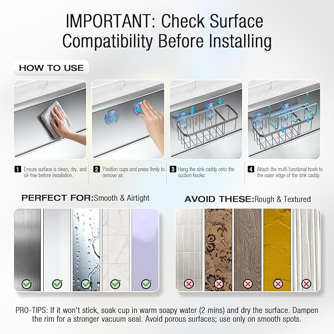 3-in-1 Kitchen Sink Caddy Organizer with Sponge Holder, Brush Holder, Extra Rack for Scrubber, Sink Stopper, Dish Cloth Hanger - Strong Dual Suction Cup, 2.0mm SUS304 Stainless Steel - Silver
