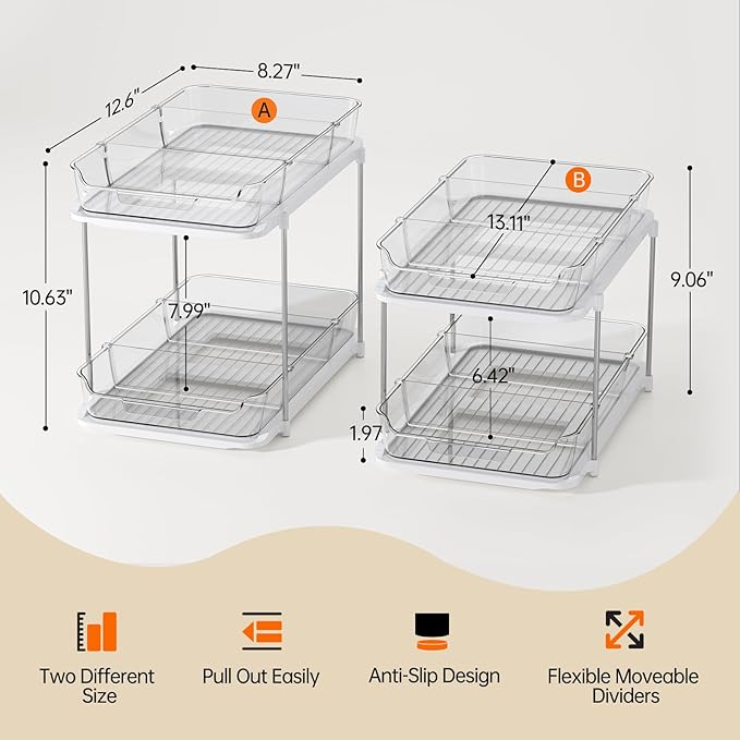 LAMU 2 Pack Bathroom Organizers and Storage, 2-Tier Stackable Under Sink Storage with Pull-Out Drawers & Dividers, Medicine Cabinet Organizer for Kitchen Pantry Organization