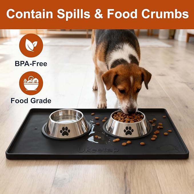 Extra Thick Silicone Mat Waterproof with Raised Edge 19” x 12”, BPA Free Non-Slip Dog & Cat Food Mat, Feeding Mat for Food and Water Bowls, Spill Proof Mat to Protect Floors, Black