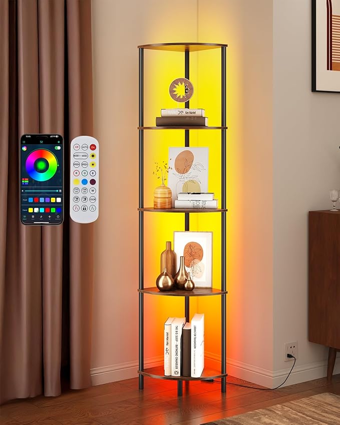 SUNMORY 5 Tier Corner Shelf with LED Light, Industrial 65" Corner Shelves Display Shelf for Living Room Decor, Wall Corner Bookshelf Multi Unit Organizer, Tall Shelf Plant Stand for Bedroom, Bathroom