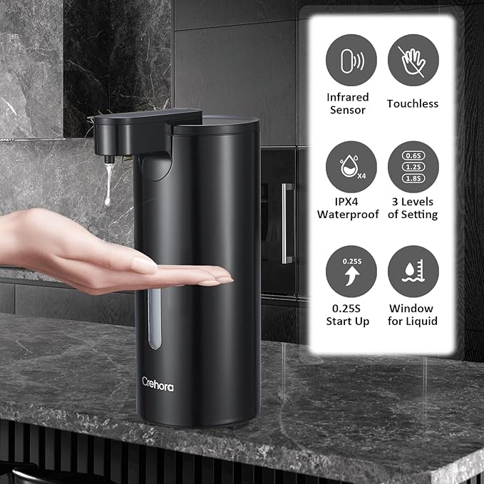 Automatic Soap Dispenser, Automatic Soap Dispenser Touchless, Kitchen & Bathroom, 3 Adjustable Volume for Liquid Soap, Water-Resistant, Hotel, Restaurant and School, Clog-Free, Black