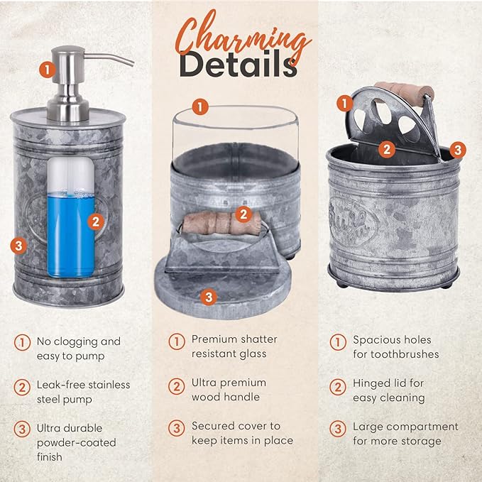 Autumn Alley Rustic Bathroom Accessories Set 4 - Galvanized Soap Dispenser, Rustic Toothbrush Holder, 2 Apothecary Jars Qtip Holder - Western Bathroom Decor – Farmhouse Bathroom Decor Accessories