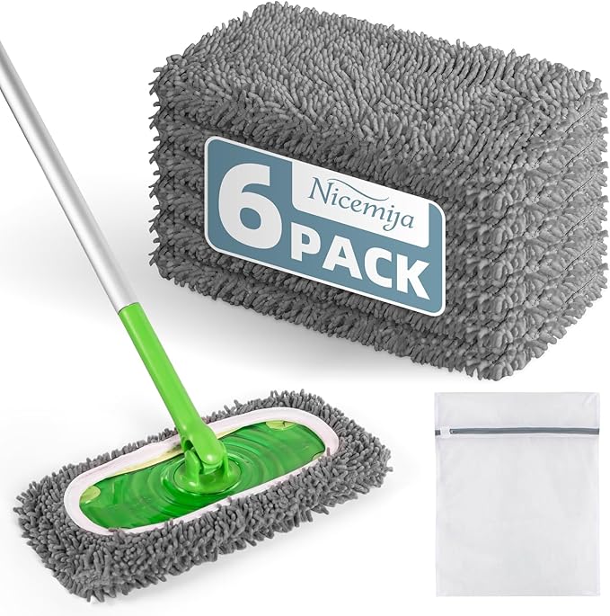 6 Pack Reusable Mop Pads Compatible with Swiffer Sweeper, Washable Wet & Dry Mopping Sweeping Cloth for Multi-Surface Cleaning, Microfiber Chenille Pad Refills (Gray, Not Include MOP)