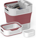 TECHMILLY Collapsible Plastic Laundry Basket Hamper with Handles, 35L Portable Rubber Clothes Basket, Pop Up Storage Container/Organizer with Hanging basket for Washing & Storage, Red