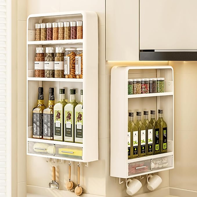 Spice Rack Kitchen Pantry Organizer and Storage - 3 Tier with Drawers and Hooks Kitchen Shelf for Spice Jars and Seasonings, No Drilling Adhesive Wall Mounted Hanging Home Organization
