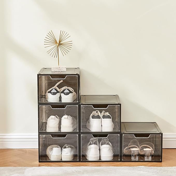 6PCS Magnetic Door Transparent Shoe Box, Stackable Space-Saving Organizer for Bedroom/Bathroom/Closet/Entryway