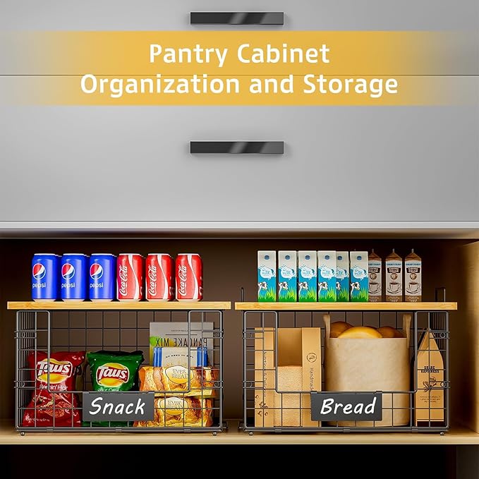 2 Set XL Wire Storage Basket with Bamboo Tops & Tags for Potato and Onion, Stackable Kitchen Counter Organizers for Pantry Organizer and Storage, Metal Storage Bins for Fruit Veggies Snack Can