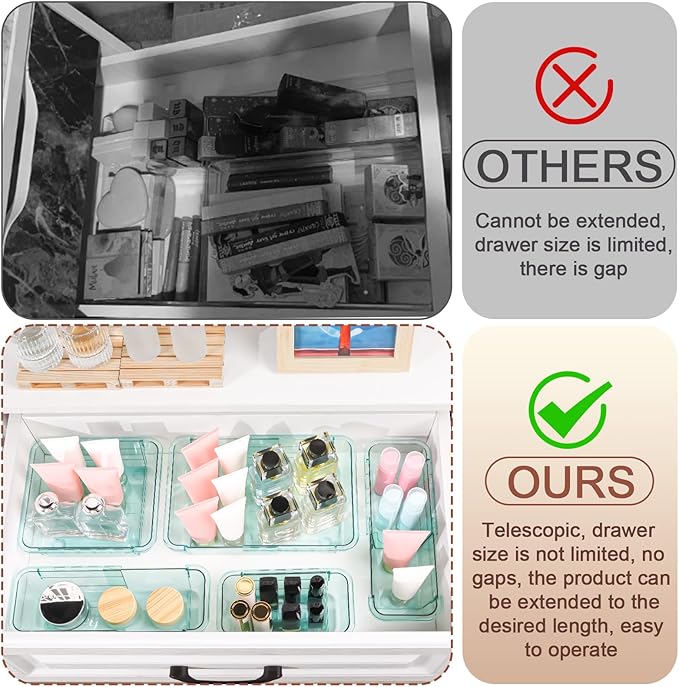 14 Pcs Clear Drawer Organizer, Adjustable Drawer Storage Box, 3-Size Desk Drawer Organizer, Acrylic Storage Bins for Makeup, Kitchen Utensils, Bedroom Dressers Tool Organizer for Gadgets, Blue