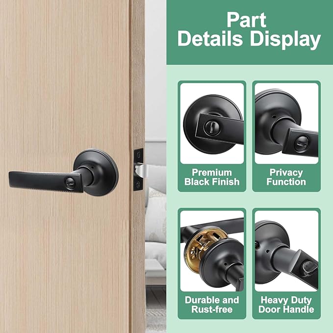Privacy Door Handles, 1 Pack Matte Black Door Lever, Bed and Bath Door Locksets Heavy Duty Keyless Interior Handles, Reversible for Left Right Handed Doors