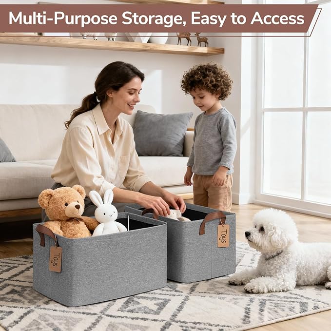 CHICVITA 4 Pack Large Storage Baskets for Shelves, Foldable Storage Bins for Clothes Towels Organization, Toy Organizer Bins for Nursery, Living Room, 16.8" x 11" x 9.8", Gray
