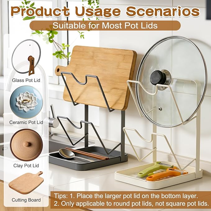Kitchen Pot Lid Storage Rack, Pot Lid Holder With U-Shaped Vertical Slots, Multifunctional Kitchen Pot Cover Organizer for Countertop, With Removable Drip Tray for Stove Top (White)