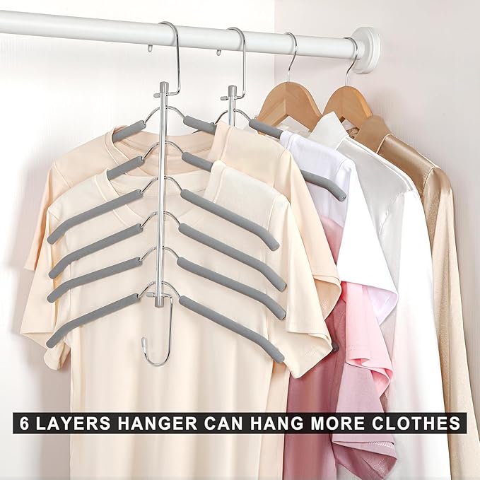 TOPIA HANGER Clothes Hanger Space Saving, 6 Tier Shirt Coat Hangers Space Saving No Bump Shoulder Hangers with No Slip Foam Padded Closet Organizers and Storage for Men and Women 2 Pack CT64G
