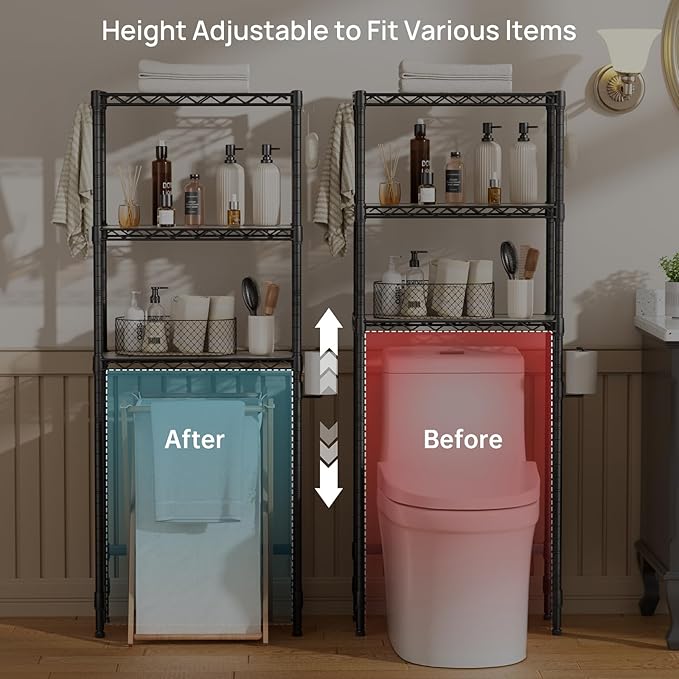 SINGAYE Over The Toilet Storage Shelf：3-Tier Bathroom Organizer and Storage Shelf with Adjustable Shelf and Basket Freestanding Space Saver Above Toilet for Room Black