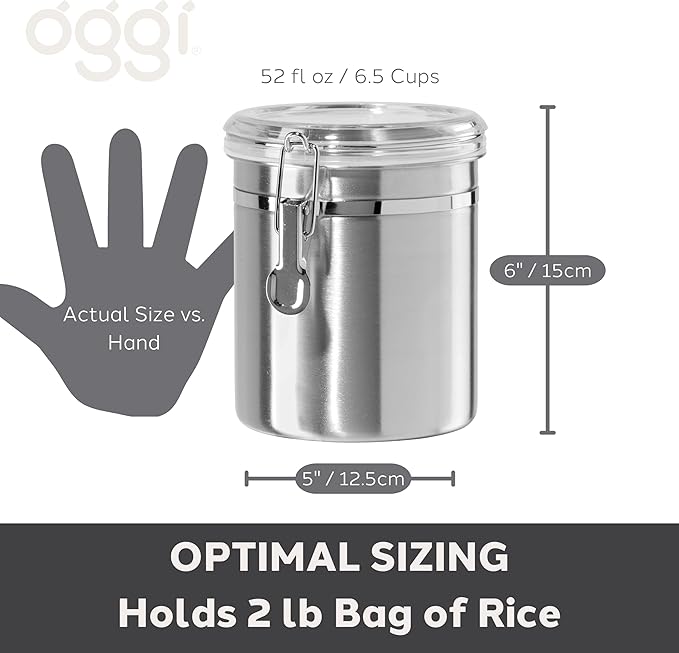 OGGI Stainless Steel Kitchen Canister 47oz - Airtight Clamp Lid, Clear See-Thru Top - Ideal for Kitchen Storage, Food Storage, Pantry Storage. Large Size 5" x 6"