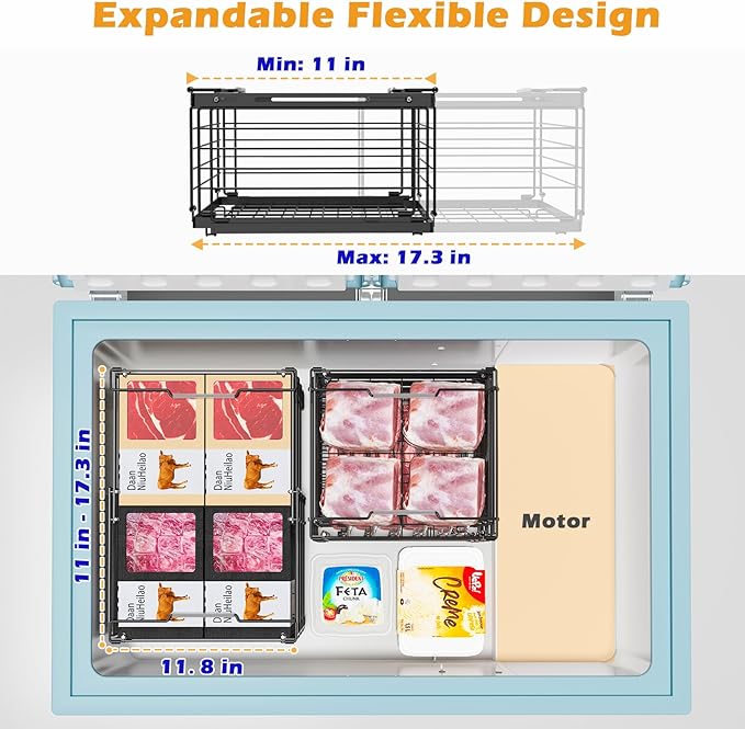 NADAMOO Freezer Organizer Bins, 2 Packs Large Expandable Stackable Chest Freezer Containers with Handle, Metal Adjustable Storage Baskets for Fridge, Deep Freezer, Cabinet, Kitchen, Pantry - Black