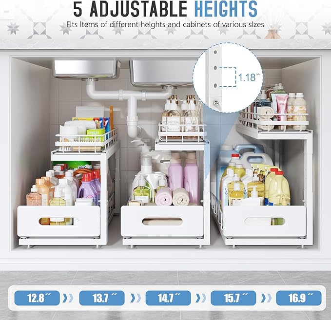 Under Sink Organizer Upgrade To Professional Rails,2-Tier Dual Pull Out Cabinet Storage,Height Adjustable Slide Out Drawers For Bathroom Kitchen,2 Pack-14.5"Dx12.8"-16.9"H,White