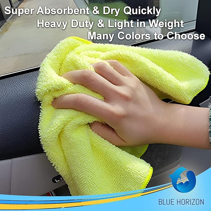 Blue Horizon Microfiber Cleaning Towels, Pack of 24, Ultra Soft Plush Washcloth, All Purpose Premium Microfiber Detailing Cleaning Cloths Reusable Shop Towels (16" x 16", Yellow)