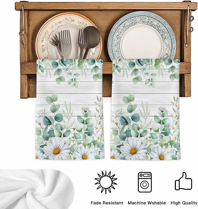 Kitchen Towels Set of 2, Green Eucalyptus Leaves Soft Microfiber Dish Towels, Daisy Summer Botanical Wooden Absorbent Quick-Dry Washable Dishcloths for Kitchen Cleaning, Drying Dishes, 18x28 Inches