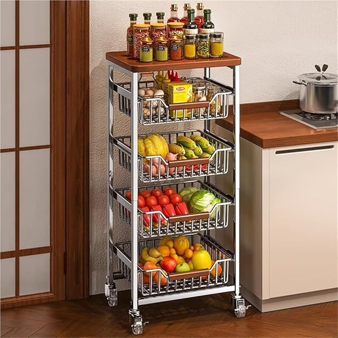 5-Tier Rolling Fruit & Vegetable Storage Cart with Drawers, Extra-Thick Metal Kitchen Organizer Cart on Wheels, Fruit Basket Stand& Fruteros para Cocina, Narrow Pantry Cart for Storage
