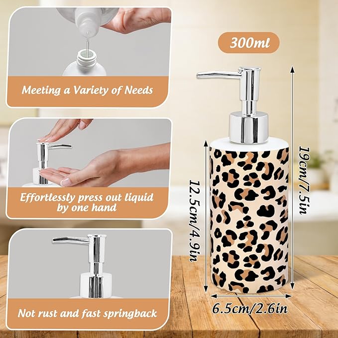 Cheetah Print Soap Dispenser Refillable Liquid Container Brown Leopard Glass Soap Dispenser with Pump for Bathroom Kitchen Countertop Decor