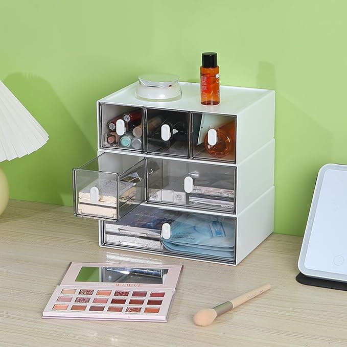 Desktop Storage Drawers, Plastic Desk Organizer with 3 Drawers, Modular Stackable Toolbox Units for Office Stationary, Makeup Container, Bathroom Countertop (1 Tall Layer, White & Clear)