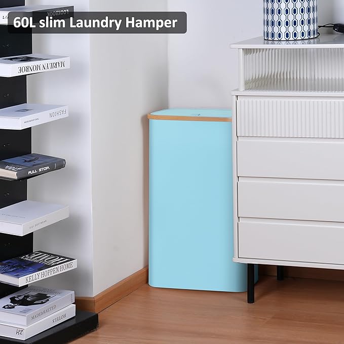 Slim Laundry Basket,60L Laundry Hamper with Lid, Tall Hamper for Laundry,Dirty Cloth Hamper with Bamboo Handle for Toys,Towels, Clothes Organizing,Blue