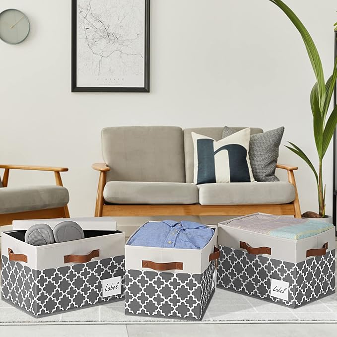 GhvyenntteS Large Fabric Storage Bins with Lids (3 Pack), Foldable Decorative Storage Boxes with Lids and 3 Handles, Sturdy Storage Baskets with Label Window for Home Office (White&Lattice Grey)