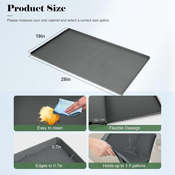 28"x19" Silicone Under Sink Mat for Bathroom/Kitchen Cabinet Organizer Mat | Leak-Proof Waterproof Liner Pad & Anti-Spill Tray | 0.7in Edge Barrier, 3.5Gal Capacity