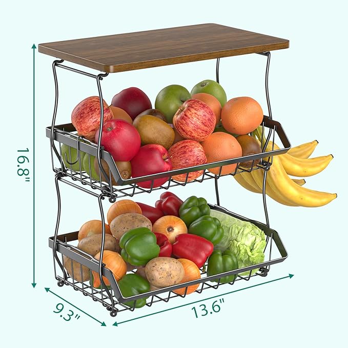 3 Tier Countertop Fruit Basket Bread Bowl with Wooden Top for Kitchen, Stackable Vegetable Potato Onion Storage Wire Basket with Banana Hangers, Black