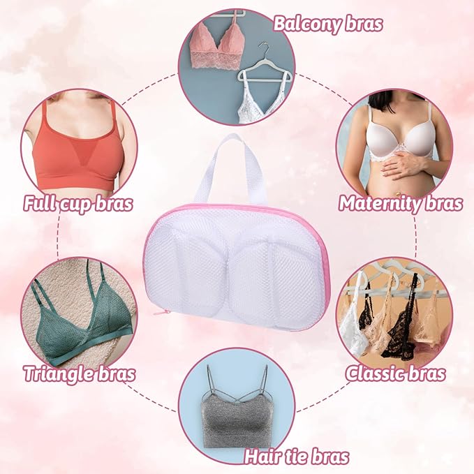 Bra Washing Bags for Laundry, 2 Pcs Bra Laundry Bags for Washing Machine Mesh Lingerie Wash Bag with Zipper for Washing Delicates Underwear Brassiere (Pink, A Cups)