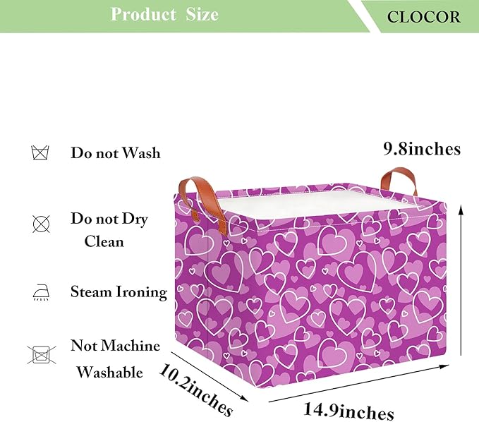 CLOCOR Rectangular Storage Basket Empty, Purple Heart Gift Basket for Valentines' Day, Waterproof Storage Bin with Handles, Room Decor(Purple Love)